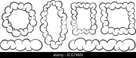 Abstract cloud shapes. Funky playful elements of graffiti soap suds. Retro blobs of cartoon bubbles. Groovy outline manga smoke. Vector funny frames Stock Vector