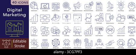 Digital Marketing Line Icons Set with Editable Stroke for SEO, Social Media, Analytics, and Online Business Strategy Stock Vector