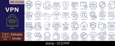 VPN Line Icons Set with Editable Stroke for Security, Privacy, Network, and Internet Protection Technology Stock Vector