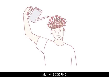 Creative ideas, development, individual growth concept. Young smiling happy man cartoon character standing watering head full of flowers blooming in pot vector illustration Stock Vector