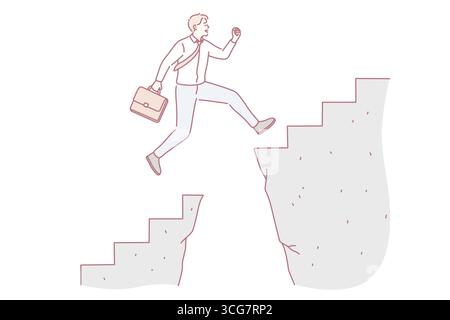 Business challenge and success concept. Young confident Businessman cartoon character Jumping over abyss for development and success in job vector illustration Stock Vector