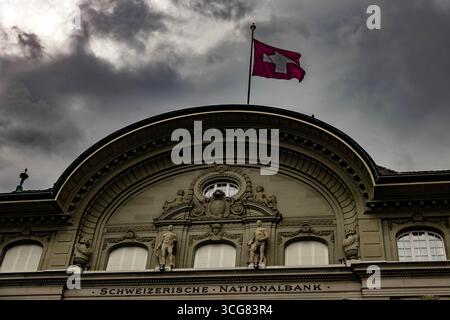 Beautiful Swiss National Bank with Flag in City of Bern, Bern Canton, Switzerland. Stock Photo