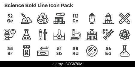 Collection of 24 Bold Outline-style vector icons for Science, designed for clarity and versatility. Stock Vector