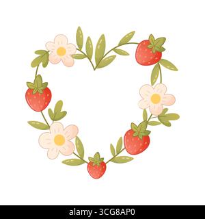 Romantic heart-shaped botanical wreath with strawberries and flowers. Soft pastel element for journaling and planners. Stock Vector