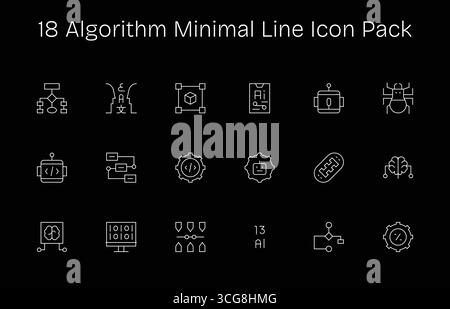 A clean collection of 18 Minimal Line icons representing Algorithm, designed for modern dashboards and interfaces. Stock Vector