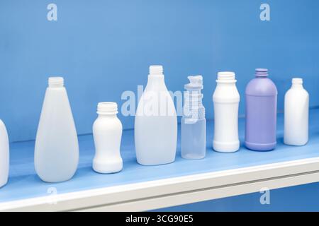 Collection of packaging for products, plastic and glass bottles for liquid detergent, shower gel and shampoo. Stock Photo