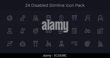 Collection of 24 Slim Line-style vector icons for Disabled, designed for clarity and versatility. Stock Vector