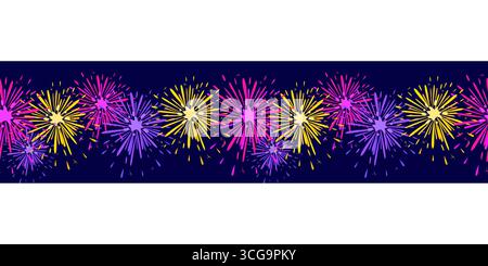 Seamless border with stylized fireworks in bright yellow, magenta and purple on a deep blue background. This festive digital artwork is perfect as a t Stock Vector