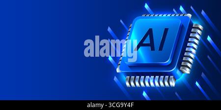 Brightly glowing AI computer chip. Technology concept. CPU processor. Computer microchip. Vector illustration Stock Vector