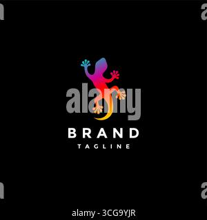 Colorful Gecko Crawling Up Logo Design. Colorful Glowing Gecko Crawling In The Dark Logo Design. Stock Vector