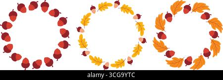 Set of autumn wreaths made of acorns and oak leaves. Natural round frames. Empty circular botanical forest rim, vector graphic Stock Vector