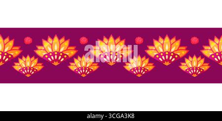 Seamless border with decorative Indian ornament in vibrant yellow red and pink on a deep purple background. This festive ornamental design is ideal fo Stock Vector