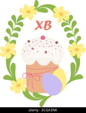 Leaves and Flowers Oval Frame Border with Easter Cake Sprinkles Painted Easter Eggs and XB Letters. Isolated Vector Illustration Easter Holiday Greeting Thematic Cards, poster, banner, leaflets, label Stock Vector