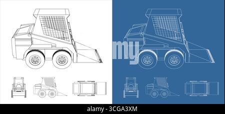 Vector set skid steer loader technical line drawing multiple views Stock Vector