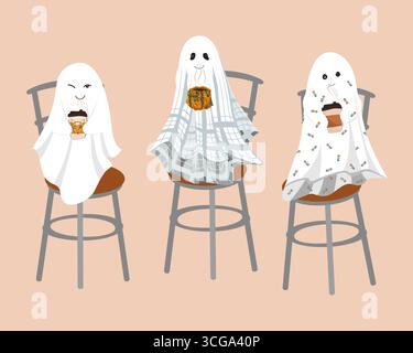 Funny cute sheet ghosts sitting on the tables with a hot drink. Sheet ghost holding a mugs. Halloween design element, isolated vector illustration Stock Vector