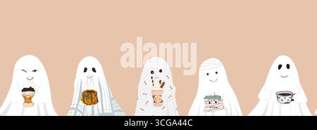 Halloween ghosts teatime seamless pattern. Fall vibes characters border, vector illustration Stock Vector