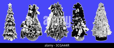 Halftone vintage christmas trees collage. Merry Christmas and Happy New Year. Set of vectors cut out holiday elements Stock Vector
