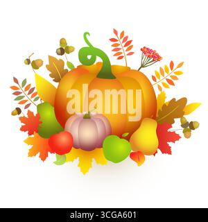 Set of thanksgiving day elements. Harvest holiday decoration. Decorative banner. 3D isolated fruits and leaves. Hello autumn, hello fall greeting card Stock Vector