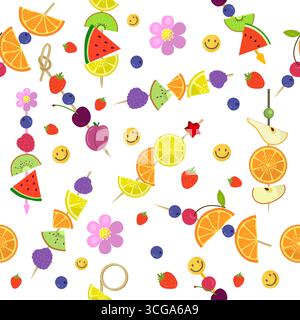 Canape pattern. thin sticks for different tasty snacks products fruits. vector seamless background original artwork Stock Vector