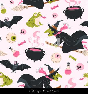 Magic Halloween seamless pattern with witches. Stock Vector