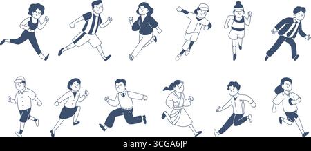 Doodle running characters. People fast run, men women in casual and sport clothes. Man in hurry to success, late for work, transport, recent vector se Stock Vector