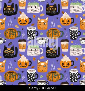 Seamless pattern with cute Halloween mugs. Vector autumn background. Stock Vector