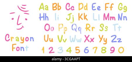 Cute kids crayon font. Alphabet and numbers with chalk and pencil texture. Childish playful scribbles Stock Vector