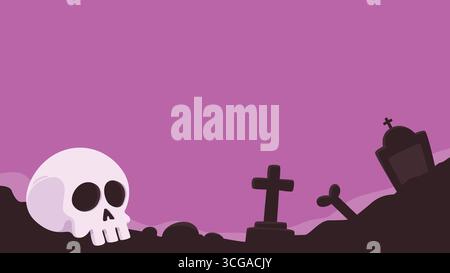 Silhouette graveyard illustration with skull and cross on pink background. Halloween themed background with some copy space for text. Stock Vector