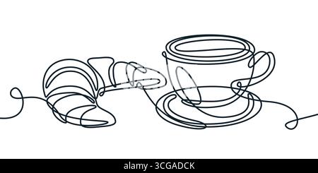 Abstract monoline croissant and coffee cup icon, logo sign emblem. Vector continuous line illustration of breakfast. Concept for cafe menu, poster pri Stock Vector