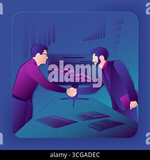 Businessmen shaking hands at meeting. Successful business and financial agreement. Teamwork design concept. Glassmorphism. Vector illustration. Stock Vector
