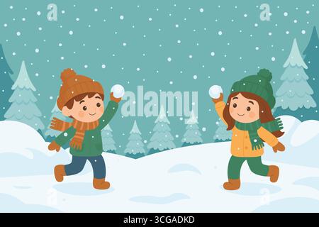 Two happy kids throwing snowballs in snowy forest wearing warm clothes enjoying winter fun outdoors Stock Vector
