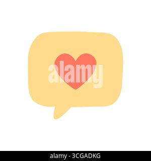 Cute flat illustration of yellow chat bubble with red heart symbol representing love care and communication Stock Vector