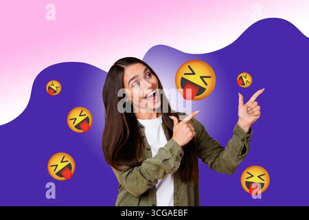 Collage of person surrounded by floating emoji icons expressing fun and different emotions happy joy angry oops lol Stock Photo