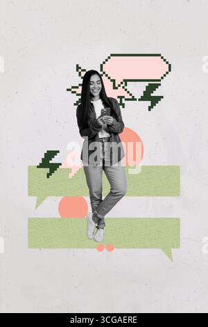 Trend poster collage of person stand use gadget on grey background with lightning bolt textbox Stock Photo