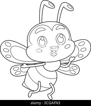 Outlined Cute Bee Cartoon Character Waving For Greeting. Vector Hand Drawn Illustration Isolated On Transparent Background Stock Vector