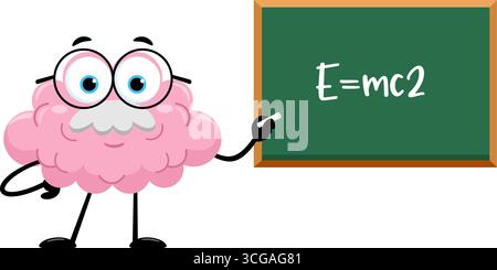 Brain Professor Cartoon Character In Front Of Chalkboard With Formula. Vector Illustration Flat Design Stock Vector