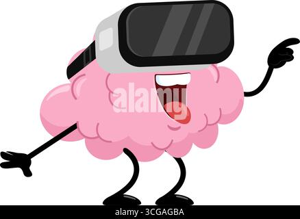 Funny Brain Cartoon Character Using Virtual Reality Glasses. Vector Illustration Flat Design Isolated On Transparent Background Stock Vector