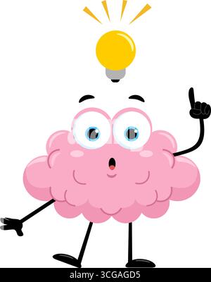 Funny Brain Cartoon Character Having A Bright Idea With A Light Bulb. Vector Illustration Flat Design Isolated On Transparent Background Stock Vector