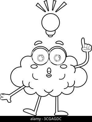 Outlined Funny Brain Cartoon Character Having A Bright Idea With A Light Bulb. Vector Hand Drawn Illustration Isolated On Transparent Background Stock Vector