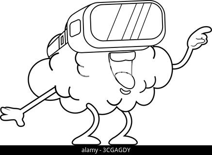 Outlined Funny Brain Cartoon Character Using Virtual Reality Glasses. Vector Hand Drawn Illustration Isolated On Transparent Background Stock Vector