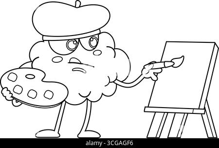 Outlined Artist Brain Cartoon Character Paint On A Canvas. Vector Hand Drawn Illustration Isolated On Transparent Background Stock Vector