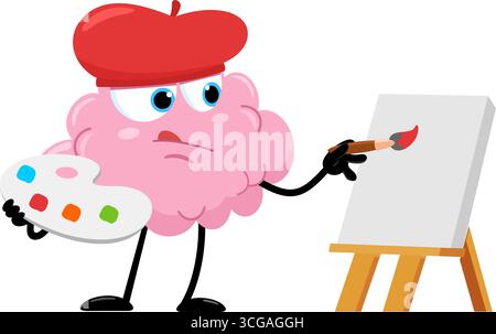 Artist Brain Cartoon Character Paint On A Canvas. Vector Illustration Flat Design Isolated On Transparent Background Stock Vector
