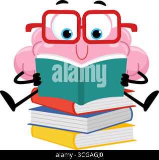 Smart Brain Cartoon Character Reading Book. Vector Illustration Flat Design Isolated On Transparent Background Stock Vector