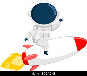 Cute Astronaut Cartoon Character Riding A Rocket And Waving. Vector Illustration Flat Design Isolated On Transparent Background Stock Vector