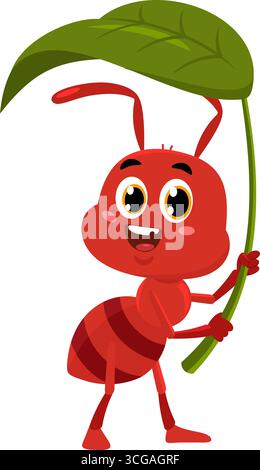 Cute Ant Cartoon Character Holding A Big Leaf. Vector Illustration Flat Design Isolated On Transparent Background Stock Vector