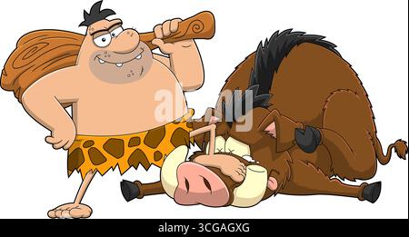 Happy Caveman With Club And Trophy Boar Cartoon Characters. Vector Hand Drawn Illustration Isolated On Transparent Background Stock Vector