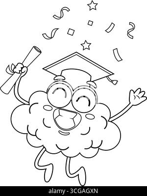 Outlined Graduate Brain Cartoon Character Holding Certificate Jumping. Vector Hand Drawn Illustration Isolated On Transparent Background Stock Vector