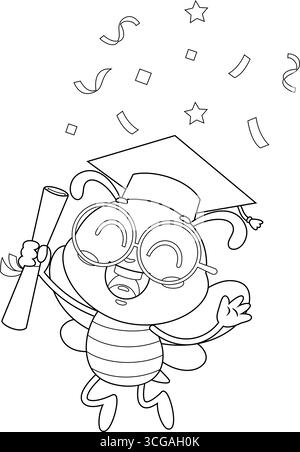 Outlined Graduate School Bee Cartoon Character Holding Certificate. Vector Hand Drawn Illustration Isolated On Transparent Background Stock Vector