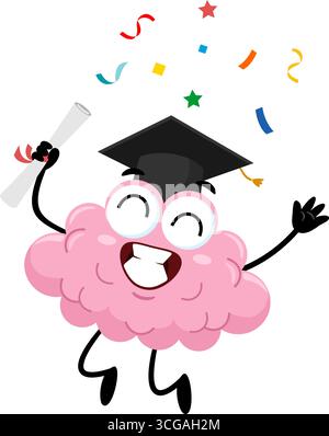 Graduate Brain Cartoon Character Holding Certificate Jumping. Vector Illustration Flat Design Isolated On Transparent Background Stock Vector