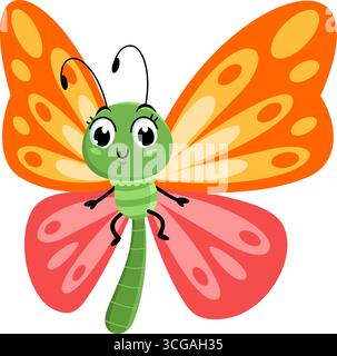 Smiling Cute Butterfly Cartoon Character Flying. Vector Illustration Flat Design Isolated On Transparent Background Stock Vector